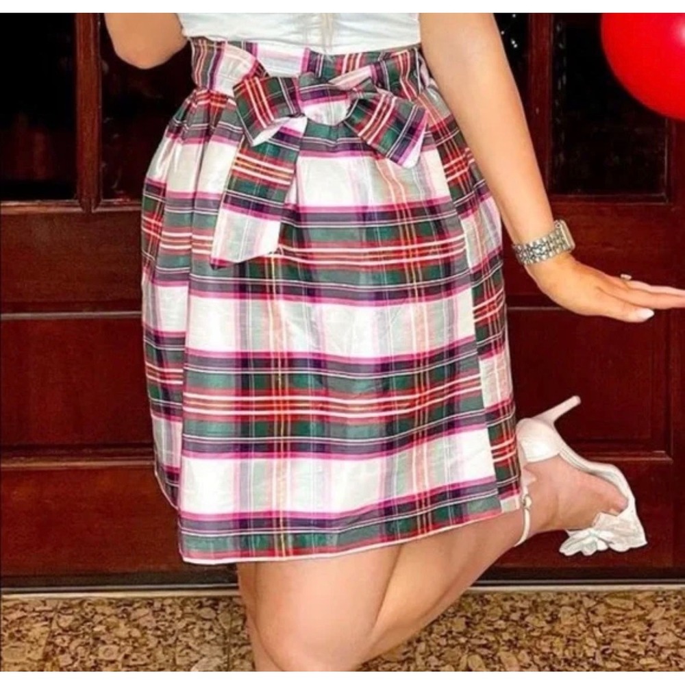 Crown Ivy Plaid Bow‎ Skirt Womens Size 6 Red Green White Pink Gold Metallic